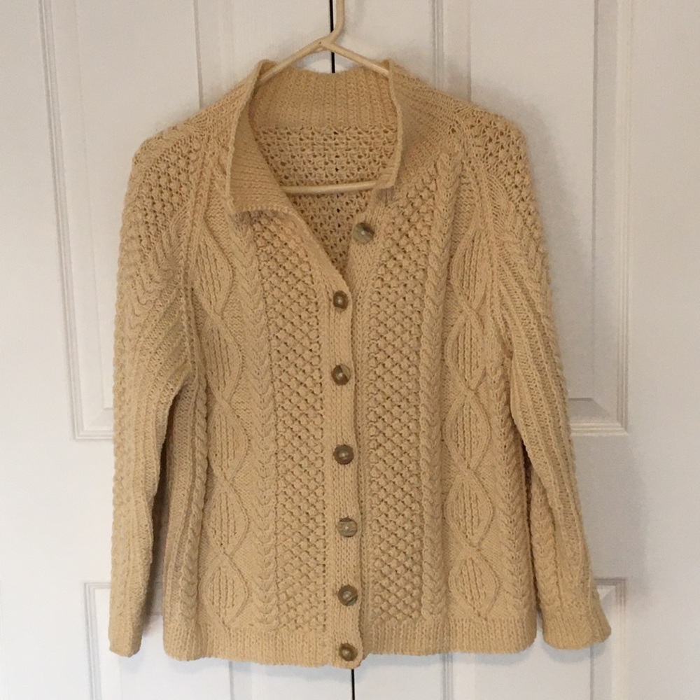 Vintage ARAN Hand Knit Cardigan wool Fisherman Sweater Cableknit handmade